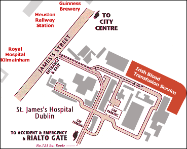 Map of how to find the IBTS National Blood Centre, James's Street, Dublin 8